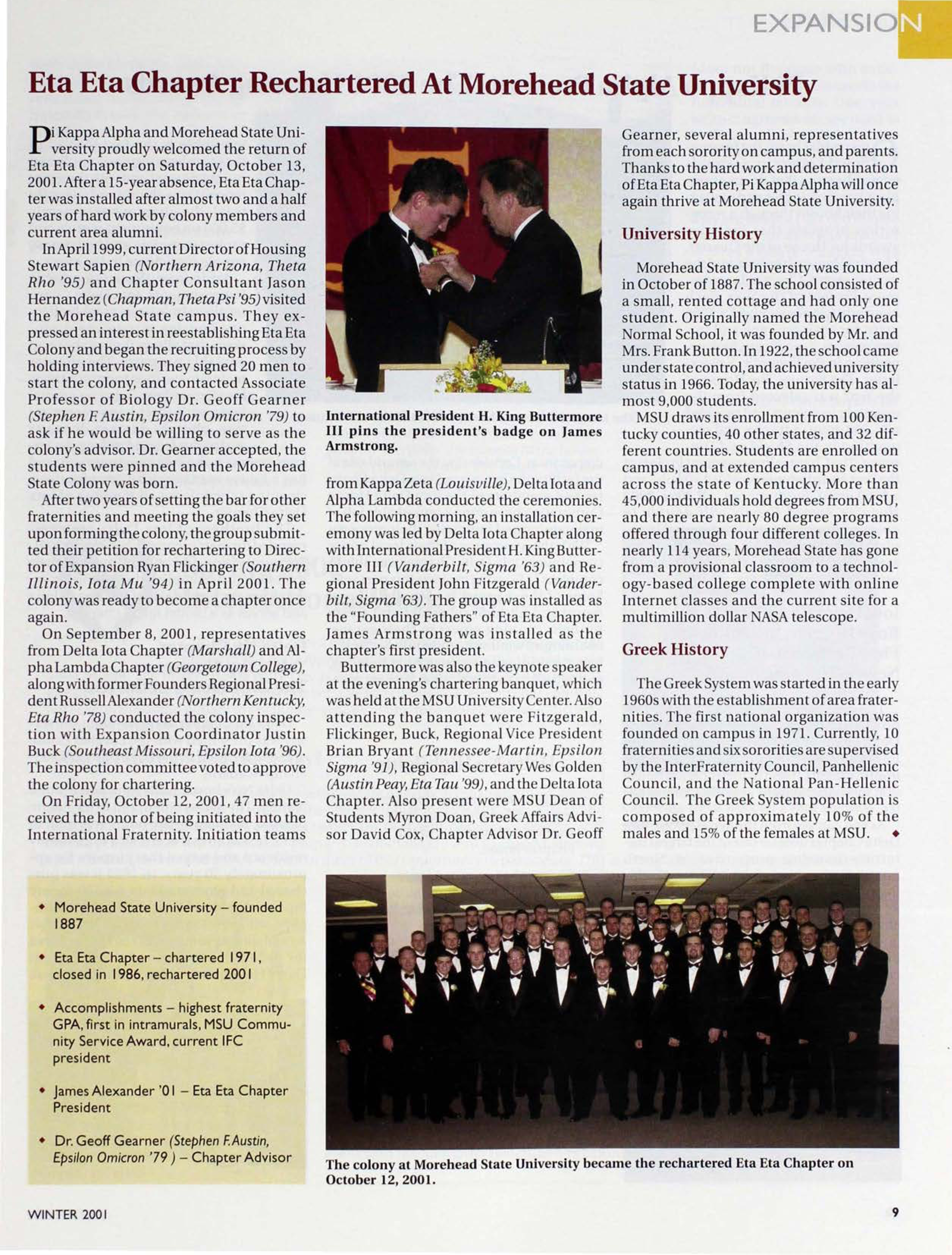 Expansion: Eta Eta Chapter Recharted At Morehead State University, Winter 2001